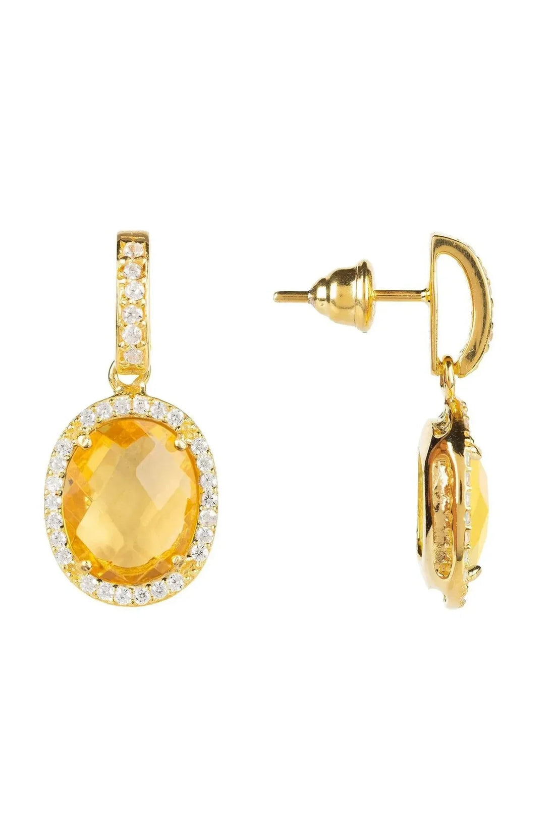 Gold oval citrine drop earrings with crystal halo and hinge back