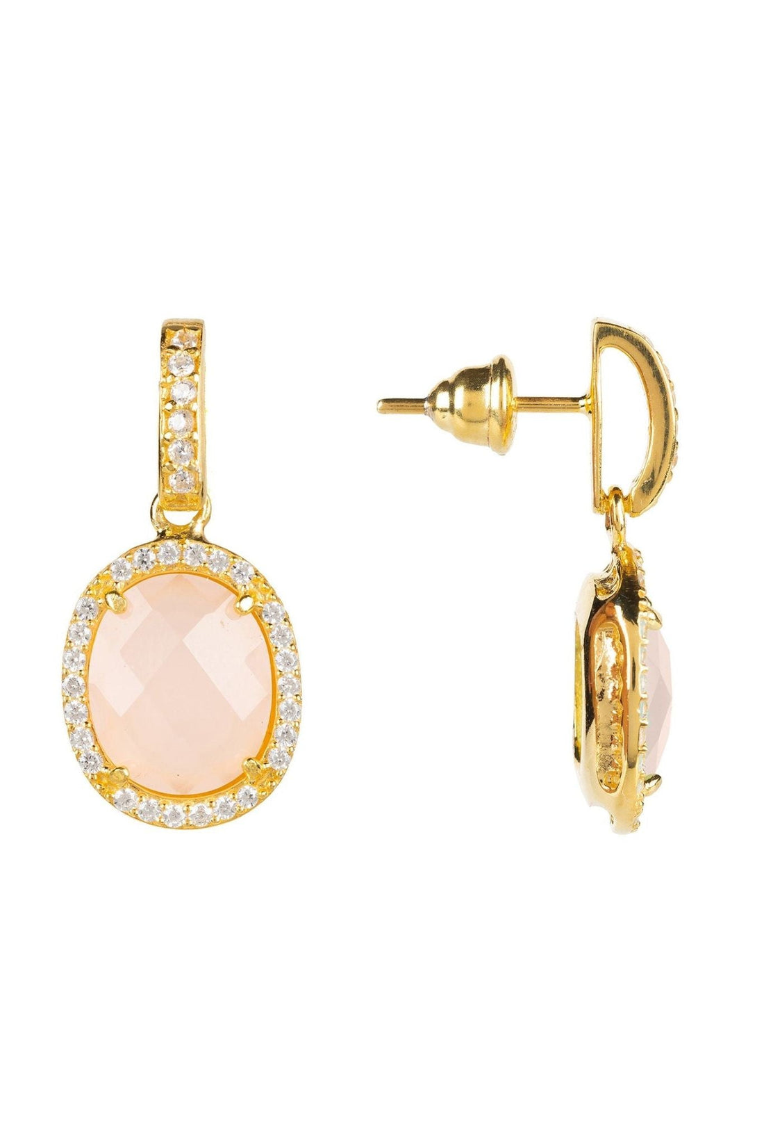 Beatrice Oval Gemstone Drop Earrings Gold Rose Quartz-1