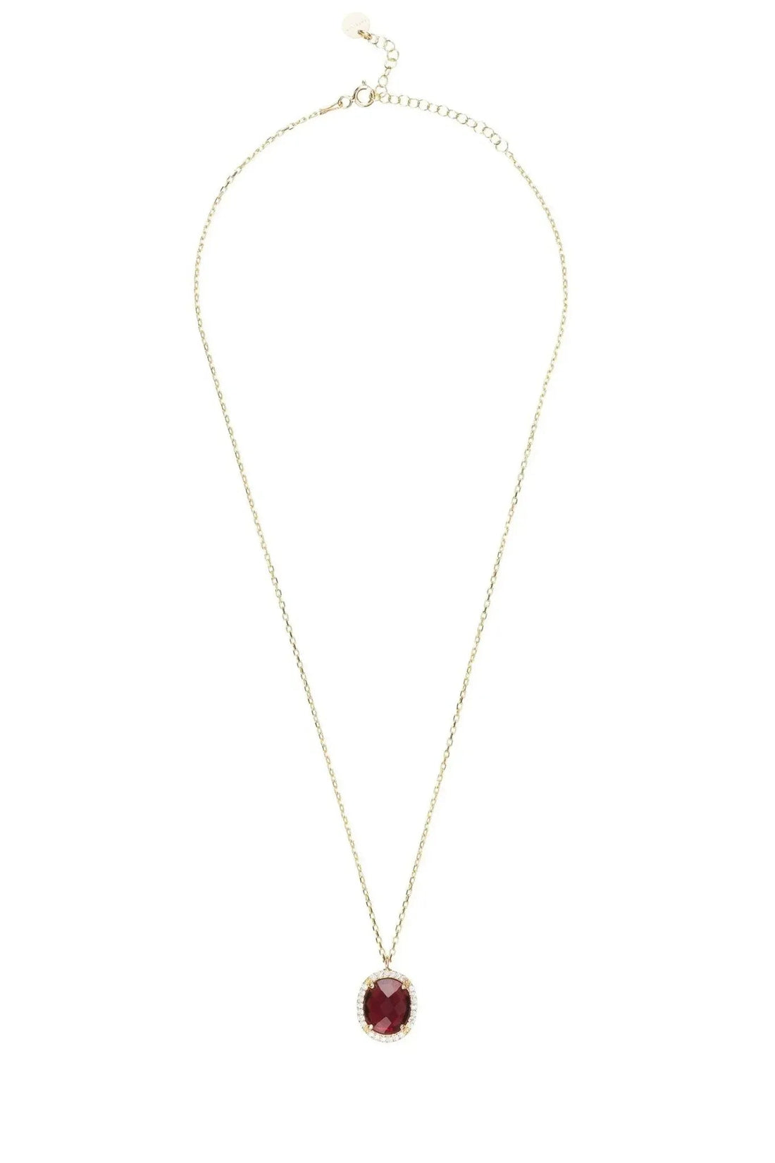 Gold gemstone pendant necklace with oval garnet centerpiece and pave halo