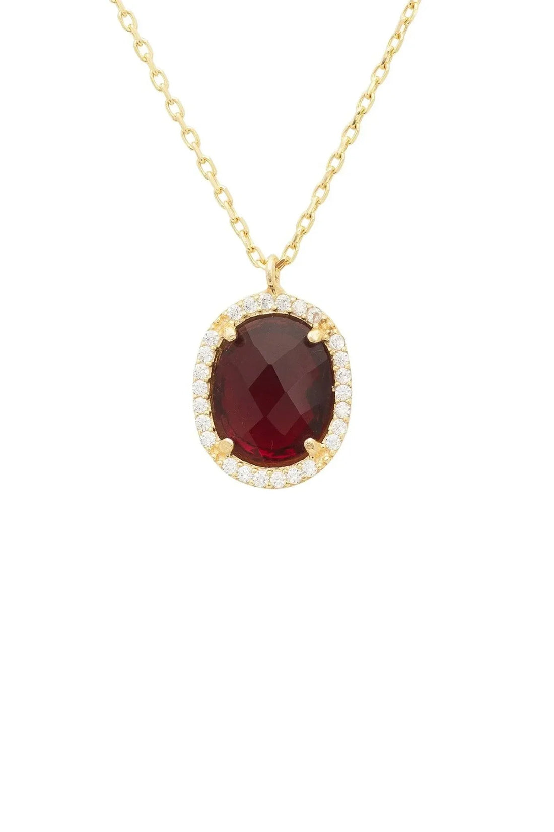 Gold oval gemstone pendant necklace with dark red oval garnet and diamond halo