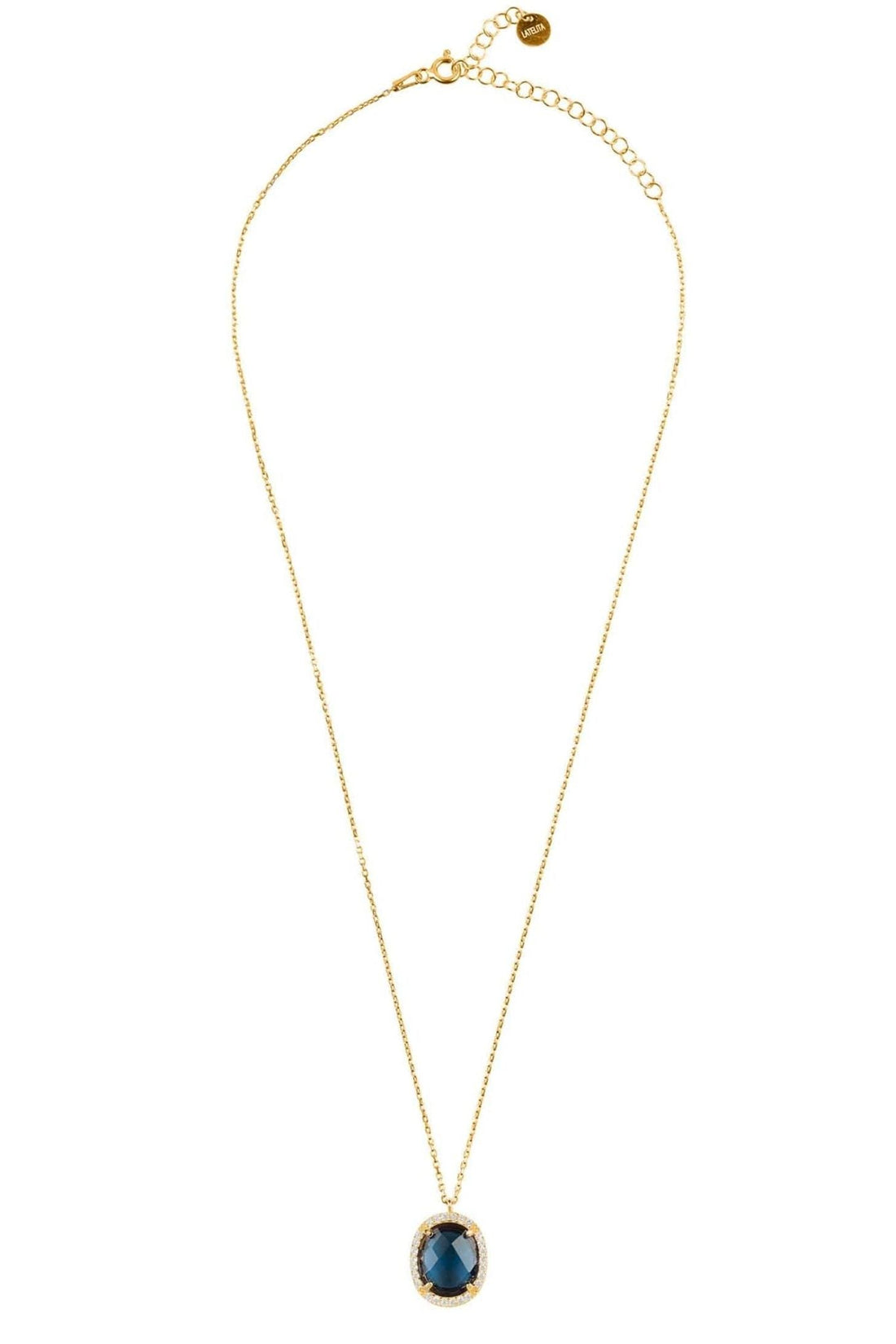 Gold oval gemstone pendant necklace with blue oval charm and long chain
