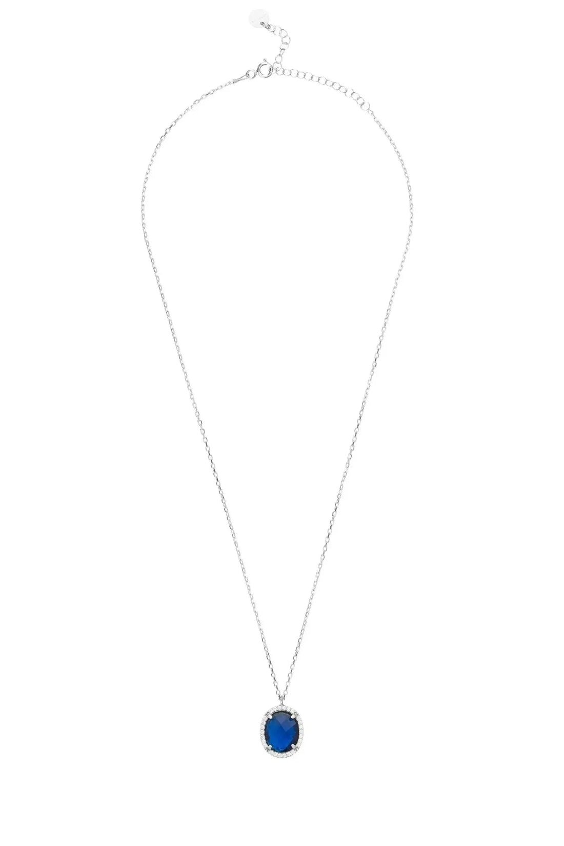 Silver oval gemstone pendant necklace with blue bezel-set center stone