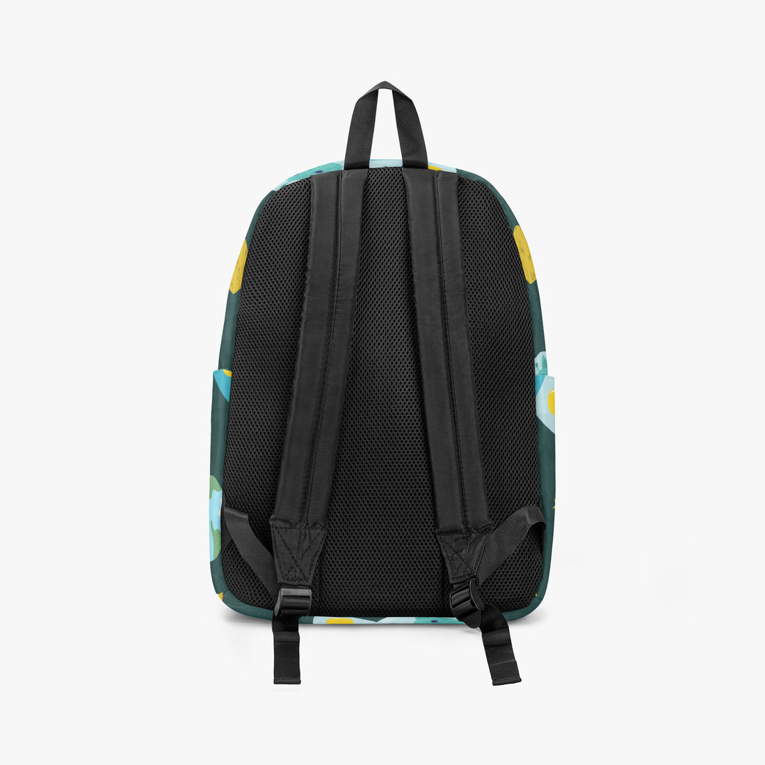 Dark green canvas backpack with black padded back panel and adjustable shoulder straps.