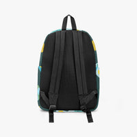 Dark green canvas backpack with black padded back panel and adjustable shoulder straps.
