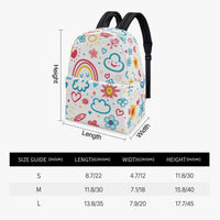 Small canvas kids backpack with doodle rainbow print; size diagram with height, length, width