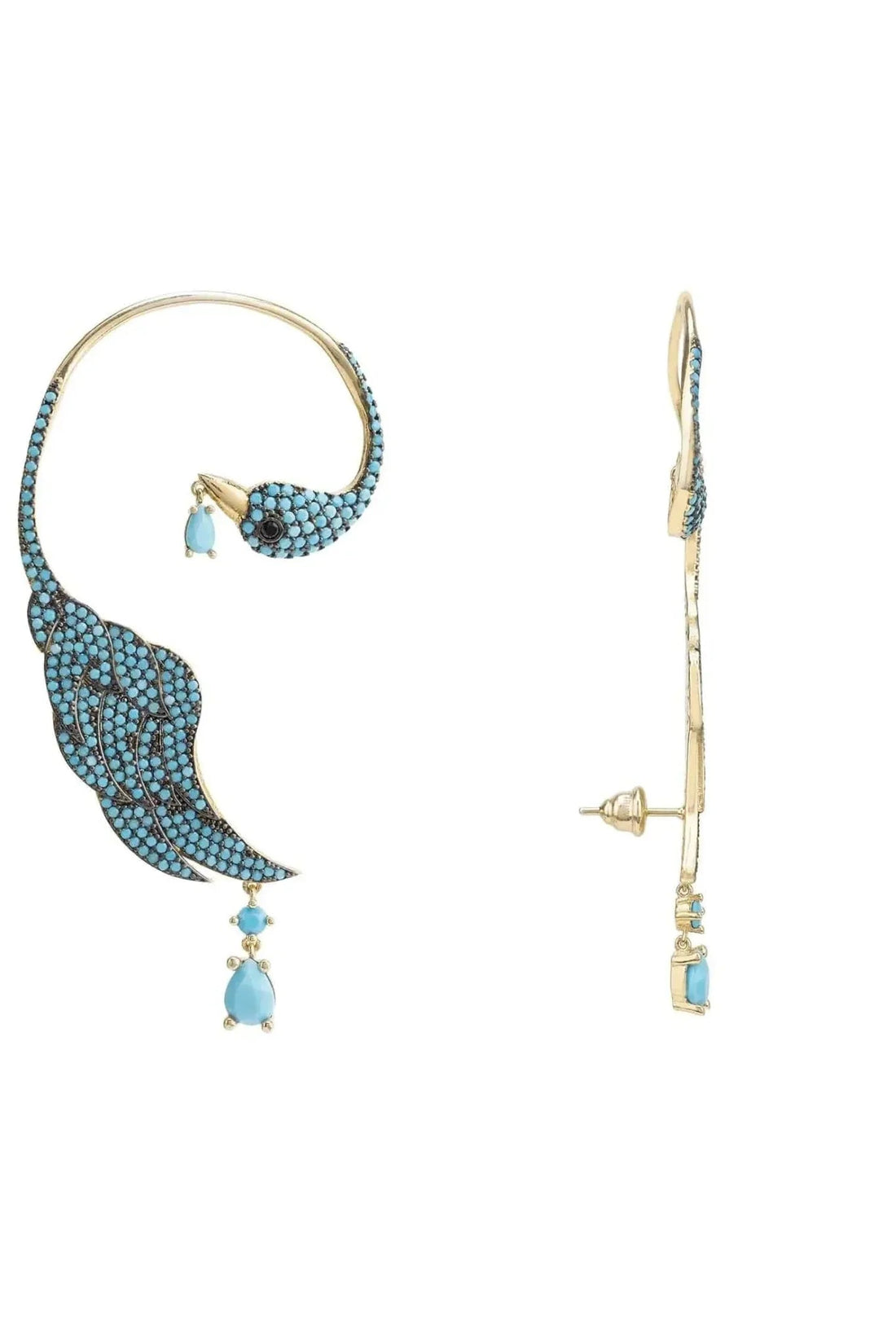 Turquoise bird ear climber earring, gold-tone, right-ear design with crystal charm