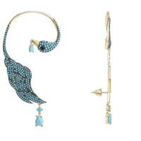 Turquoise bird ear climber earring, gold-tone, right-ear design with crystal charm