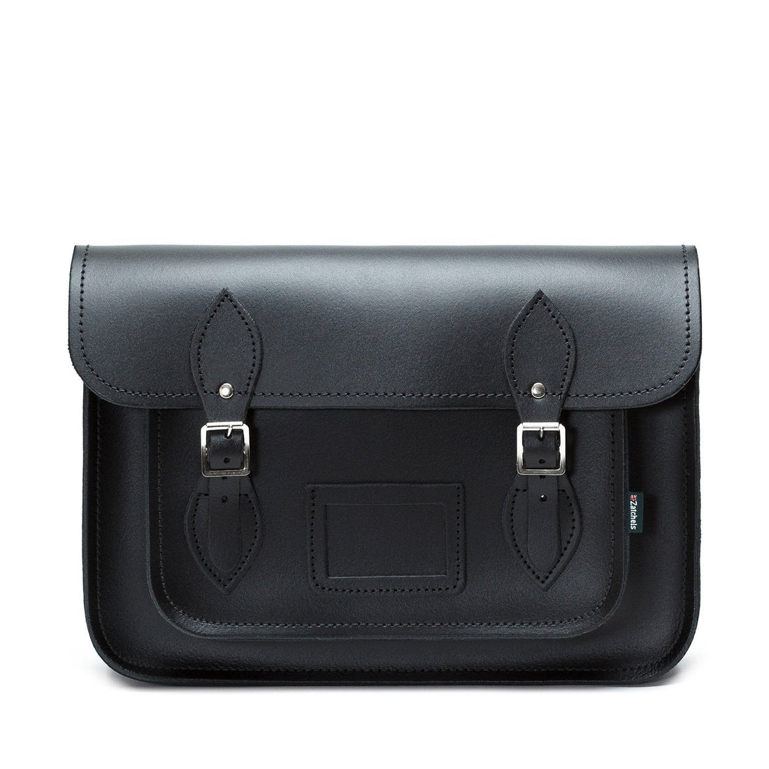 Black leather satchel with flap, front pocket, and metal buckle closures.