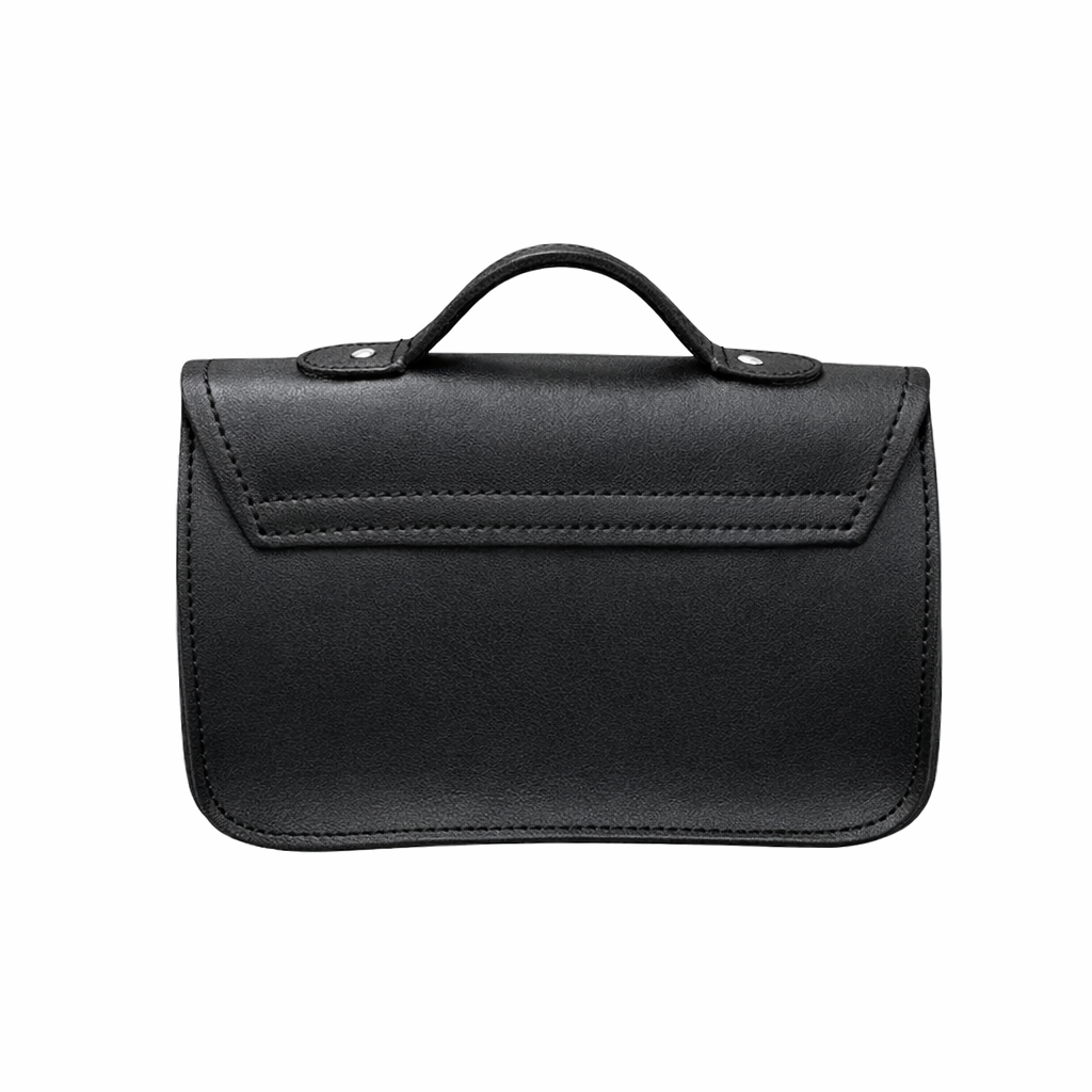 Black leather micro satchel back, top handle and stitched panel detail