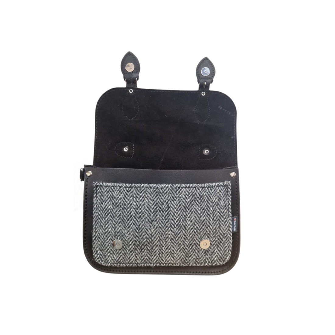 Black tweed satchel back panel with pocket, snaps, and top handles