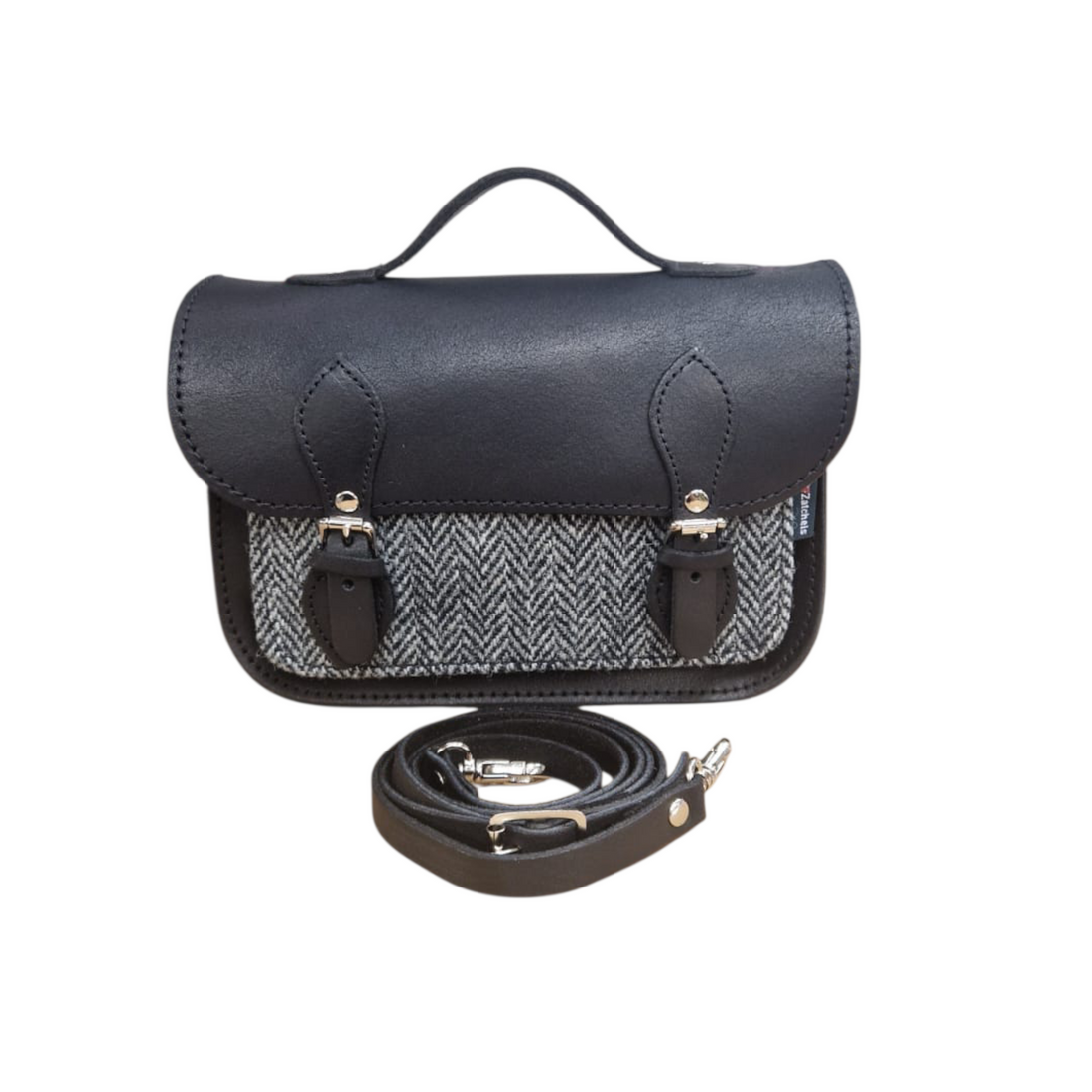Black leather and tweed midi satchel with adjustable shoulder strap