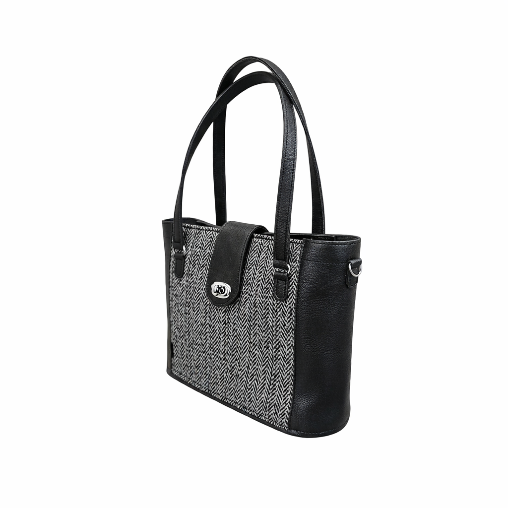 Tannery Tweed & Leather Mini Twist Lock Shopper Bag - Black-2