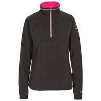 Dark brown women's half-zip fleece jumper with bright pink inner collar and zipper trim