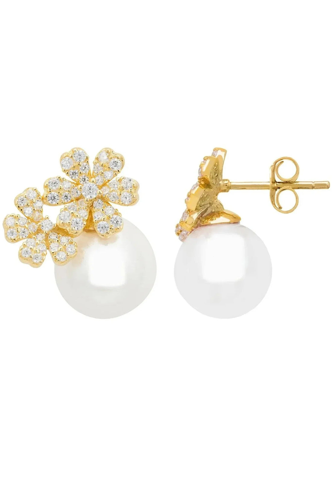 Gold-tone crystal flower stud earrings with pearl center, side view of posts