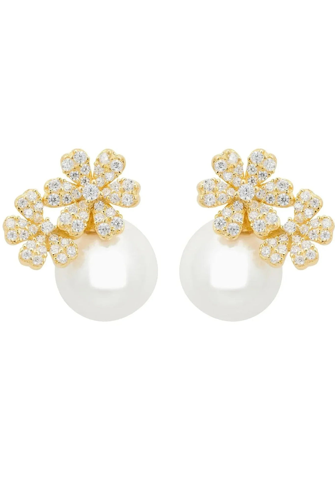 Gold-tone stud earrings with floral crystal bouquet and pearl accents