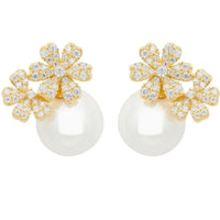 Gold-tone stud earrings with floral crystal bouquet and pearl accents