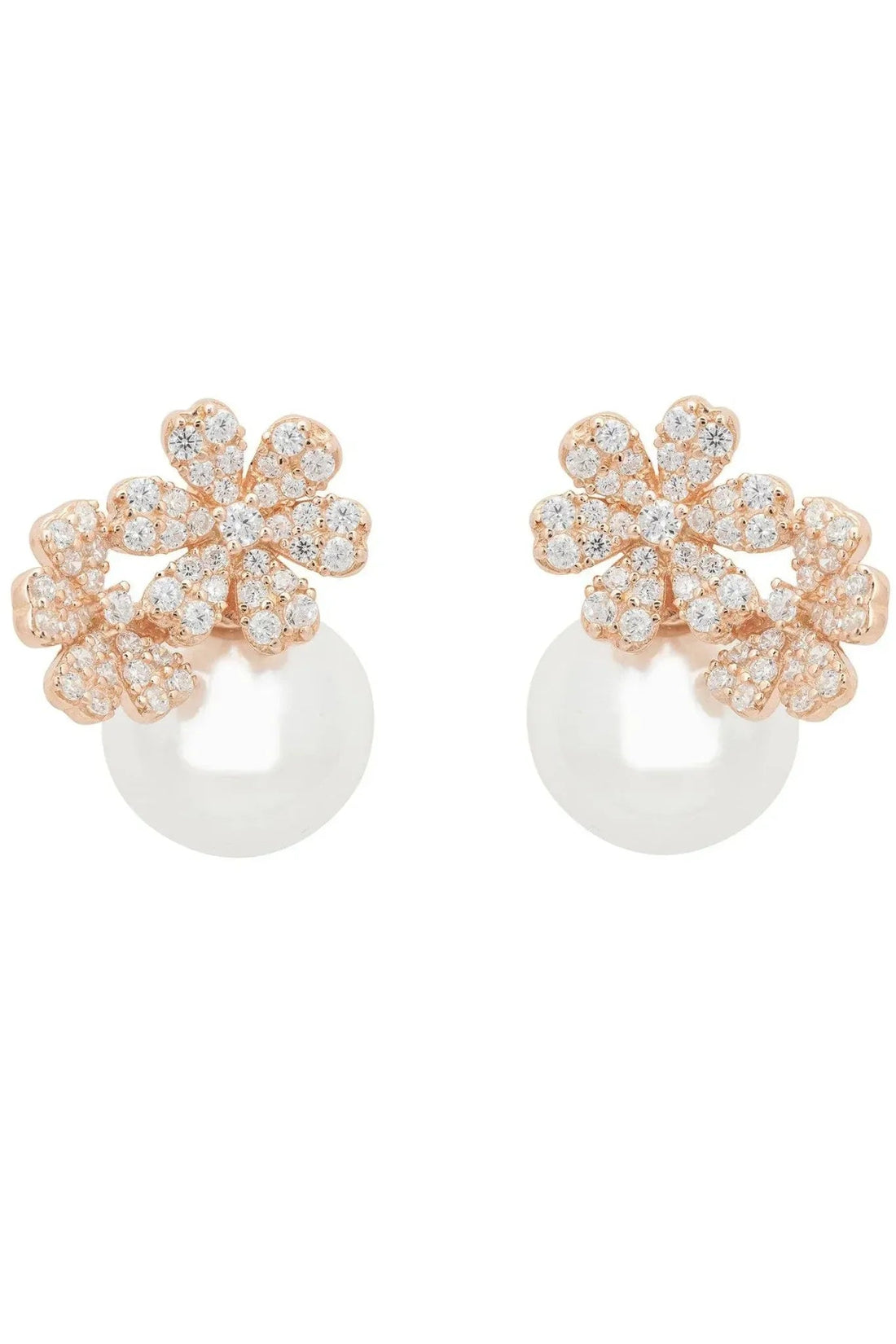 Rosegold bouquet pearl stud earrings with floral crystal clusters
