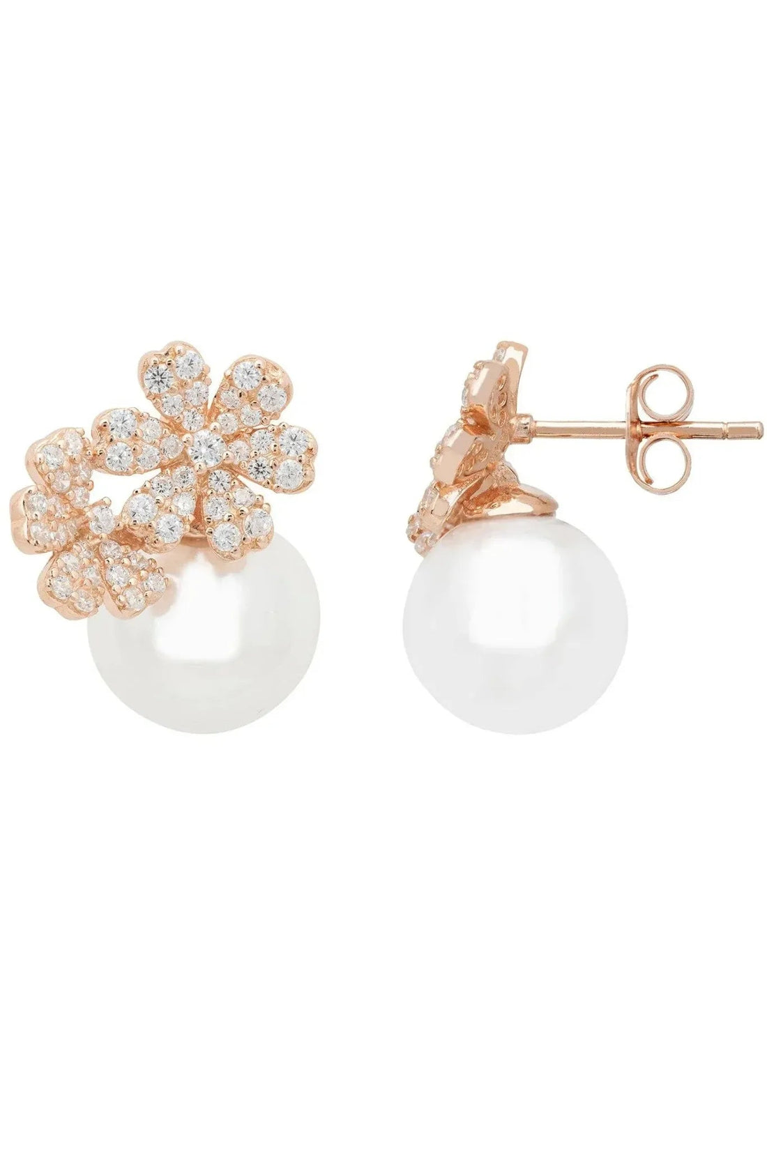 Rosegold floral stud earrings with clear stones and stud posts