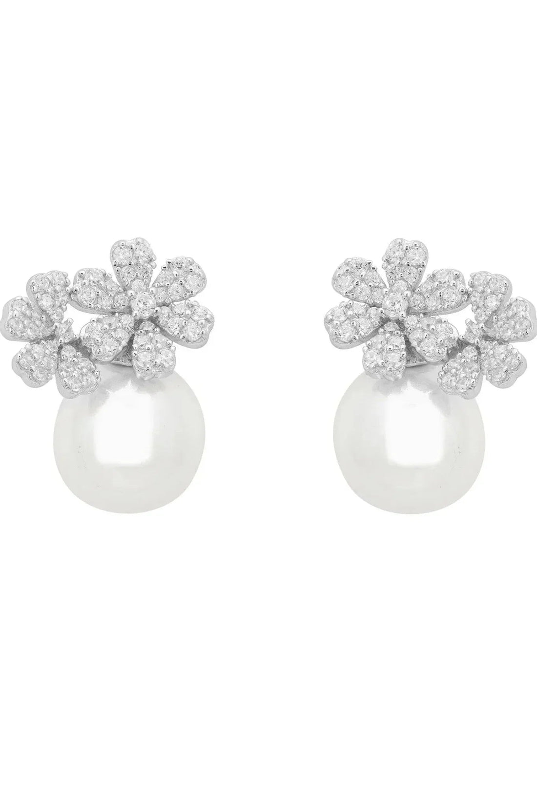 Silver bouquet stud earrings with sparkling cluster flowers and pearl drops