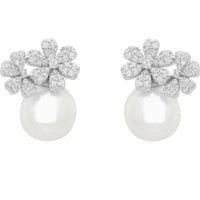 Silver bouquet stud earrings with sparkling cluster flowers and pearl drops