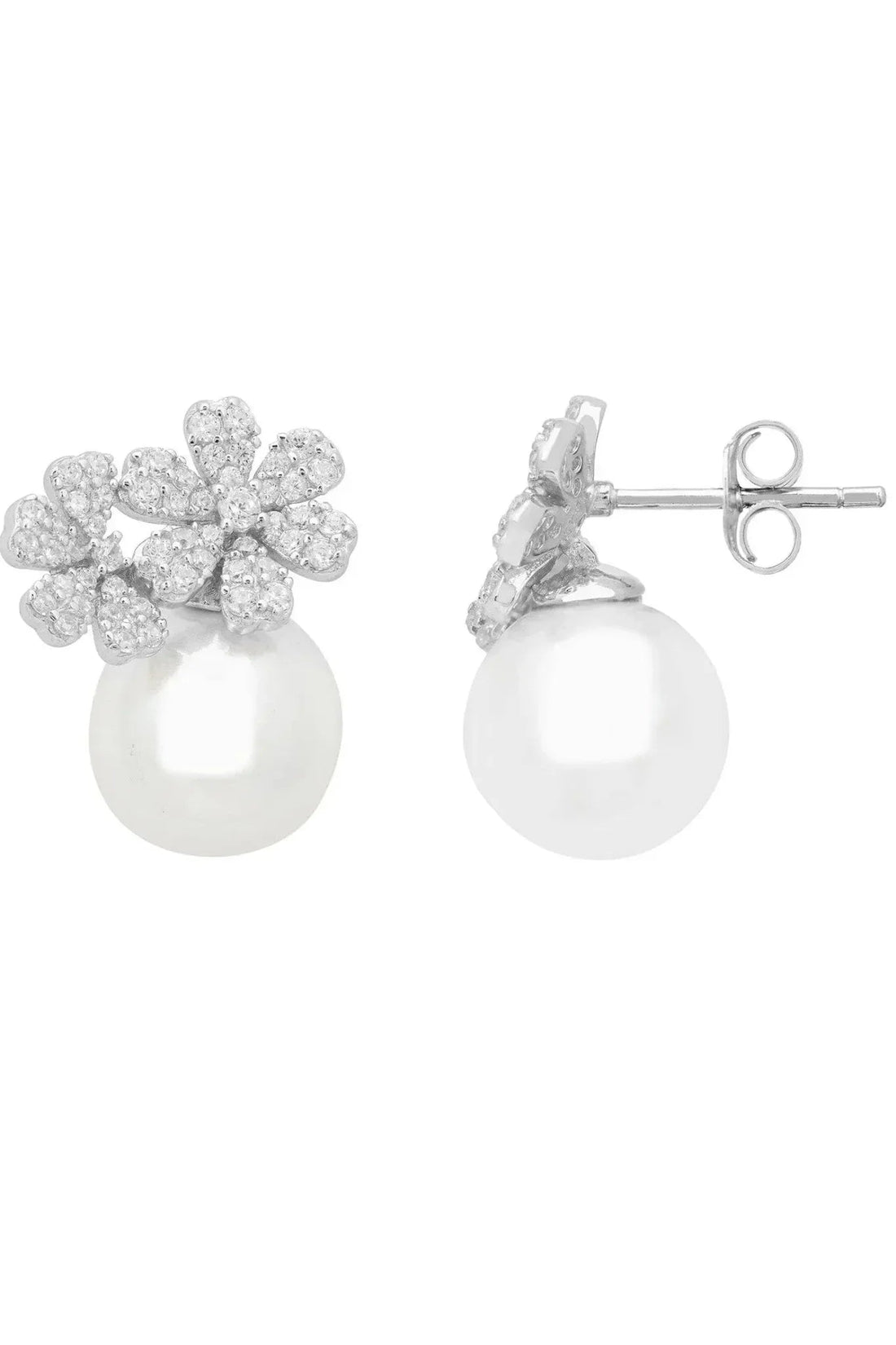 Silver stud earrings with sparkling bouquet cluster and pearl drop, visible back