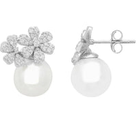 Silver stud earrings with sparkling bouquet cluster and pearl drop, visible back