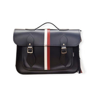 British Edit Handmade Leather Handbag Satchel - Navy with Red & White Stripes-0