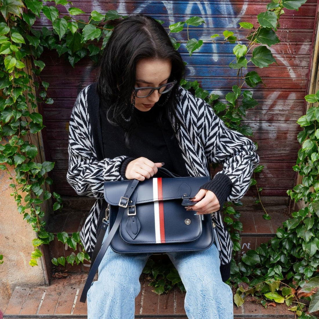 British Edit Handmade Leather Handbag Satchel - Navy with Red & White Stripes-1