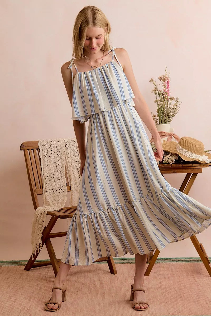 Lined blue-and-white striped tiered midi dress with ruffle shoulder ties