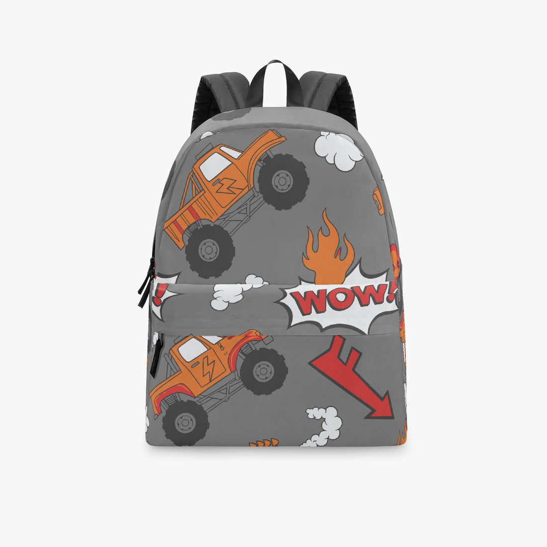 Grey backpack with orange monster truck graphic, flame, and black top handle straps