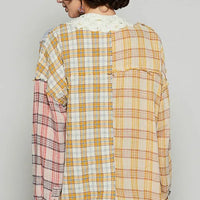 Open-back plaid cardigan with raw-edge hem, multicolor block pattern