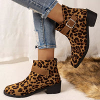 Leopard print point-toe block heel ankle boots with buckle strap and side elastic panels