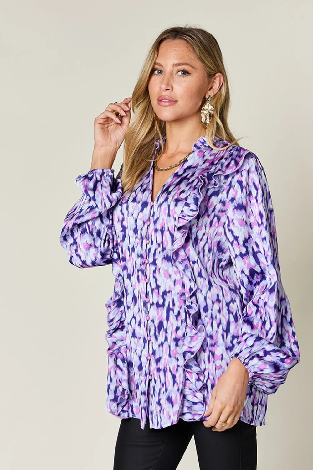 Purple printed button-front shirt with ruffle-trim V neckline and balloon sleeves