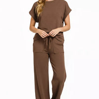 Brown slub cotton short-sleeve tee with matching drawstring pocket pants