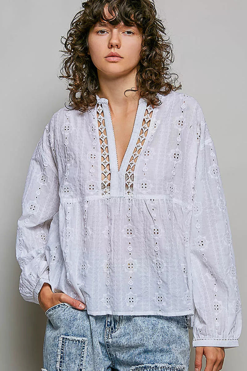Off-white cotton long-sleeve blouse with V-neck and lace eyelet detail