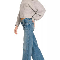 Grey knit boat-neck sweater with long balloon sleeves and relaxed fit