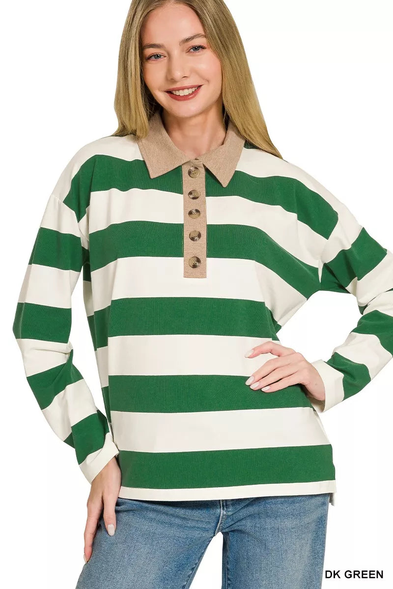 Green and white striped polo top with contrast collar and button placket