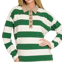 Green and white striped polo top with contrast collar and button placket