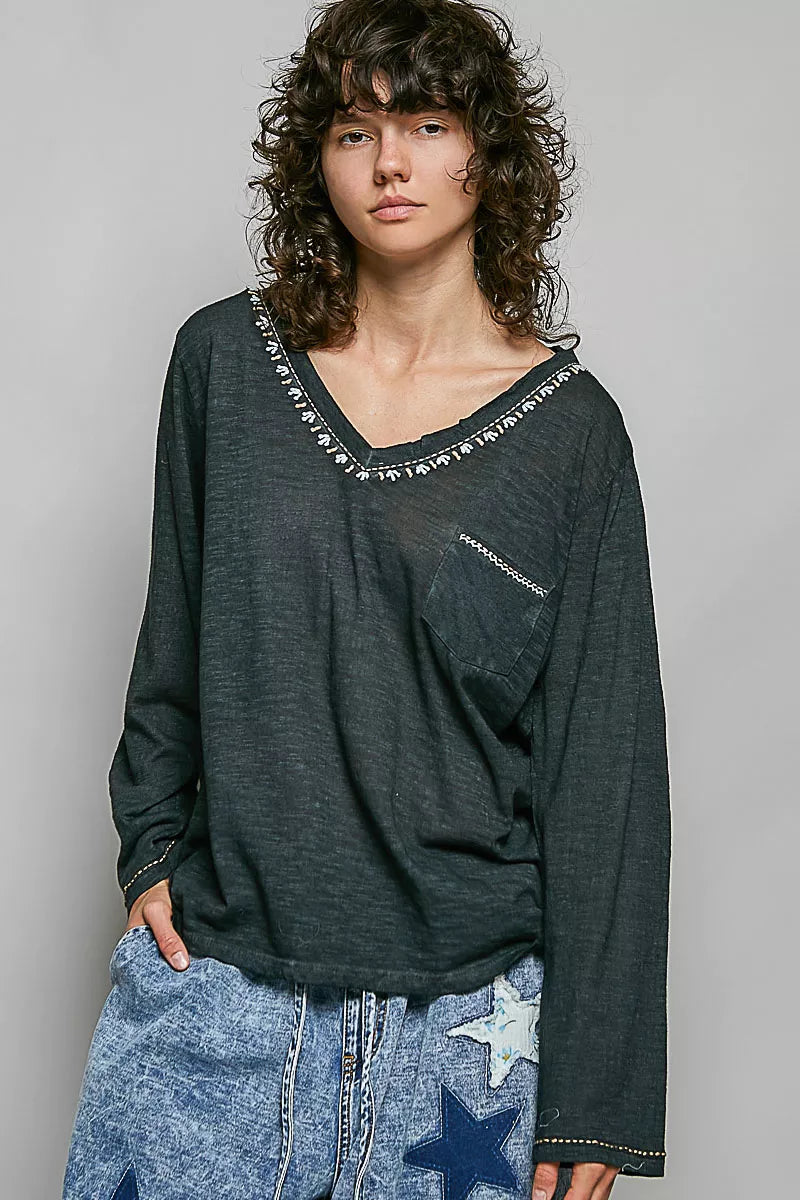 Dark green lightweight knit V-neck long sleeve top with contrast trim, front view