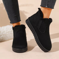 Black ankle boots with faux fur trim, side elastic gore, and chunky outsole