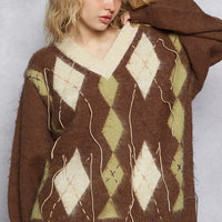 Women's mohair V-neck argyle sweater in brown with cream diamonds and contrast topstitching