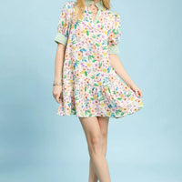 Green floral ruffle-collar tiered babydoll dress with three tiers