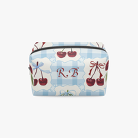 Blue Gingham Makeup Bag | Personalized Leather Boxy Cosmetic Case | Travel Organizer