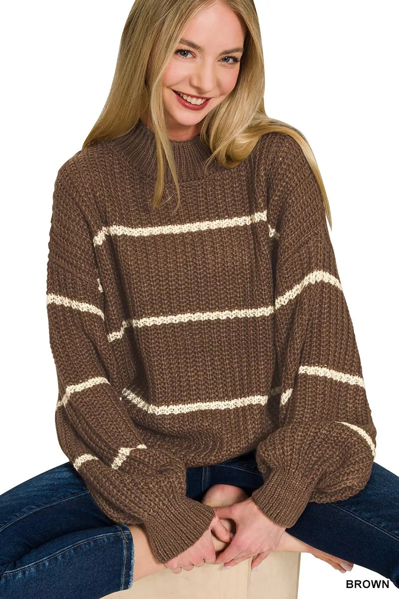 Brown oversize striped knit sweater with crew neck and ribbed cuffs, long sleeve