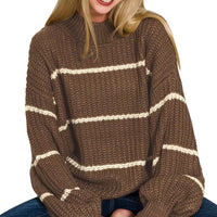 Brown oversize striped knit sweater with crew neck and ribbed cuffs, long sleeve