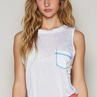 White floral detail pocket patch tank top with blue-trimmed chest pocket