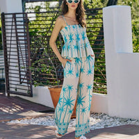 Blue palm-print smocked bodice adjustable cami top with ruffled hem