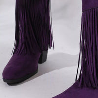 Purple fringe round-toe block-heel boots, side view with tassel fringe and heel