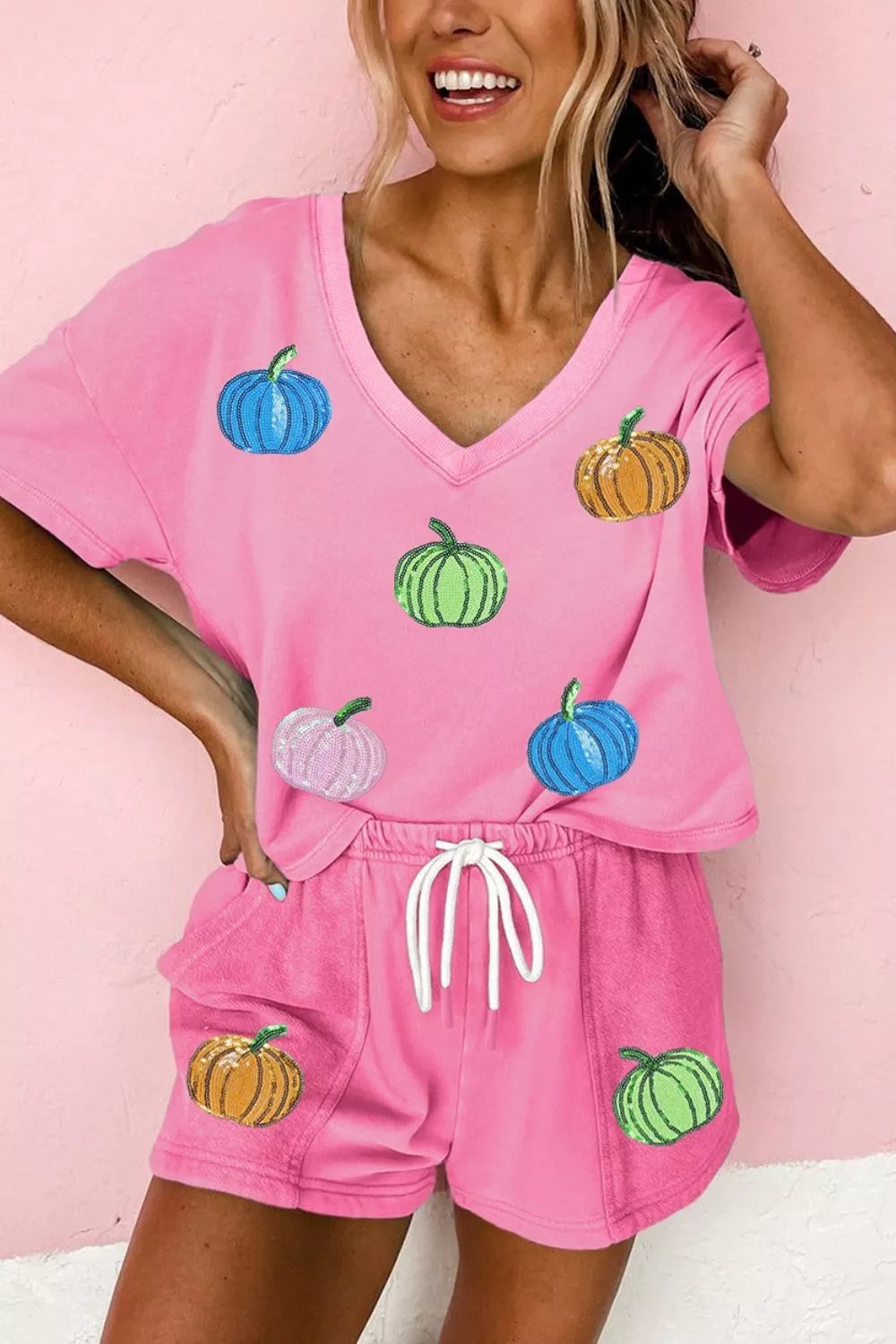 Fuchsia pink V-neck pumpkin print tee with drawstring waist shorts set