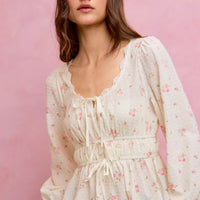 White floral clip-dot lace-trim ruched bodice blouse with long puff sleeves and elastic waist